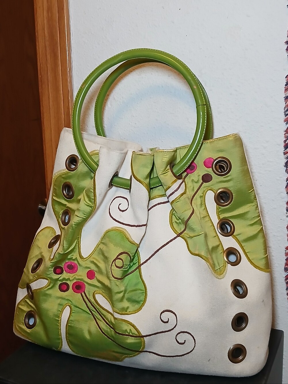 Martha Floral Canvas Tote Bag Green White Embroidered Grommet Handbag